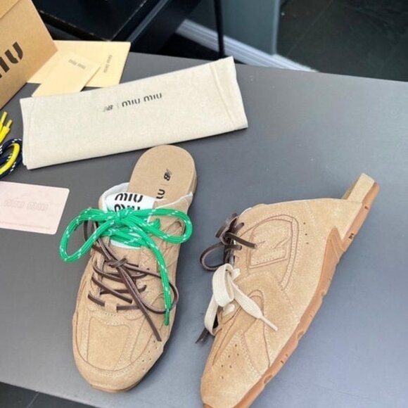 Miu Miu Leather Mules with Contrasting Green & White Laces - Picture 2 of 5